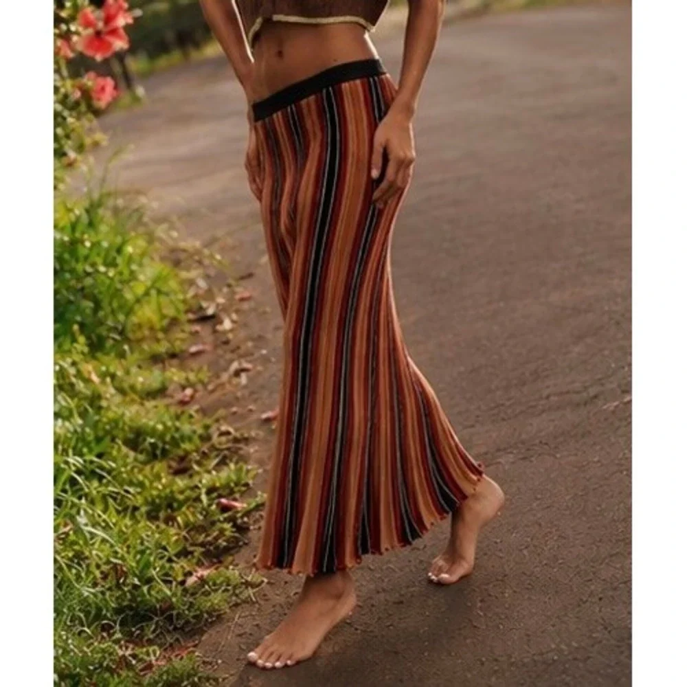 YPNO Italy Cognac Striped‎ Wool Blend Knit Maxi Skirt Size 44IT- US8 NWT